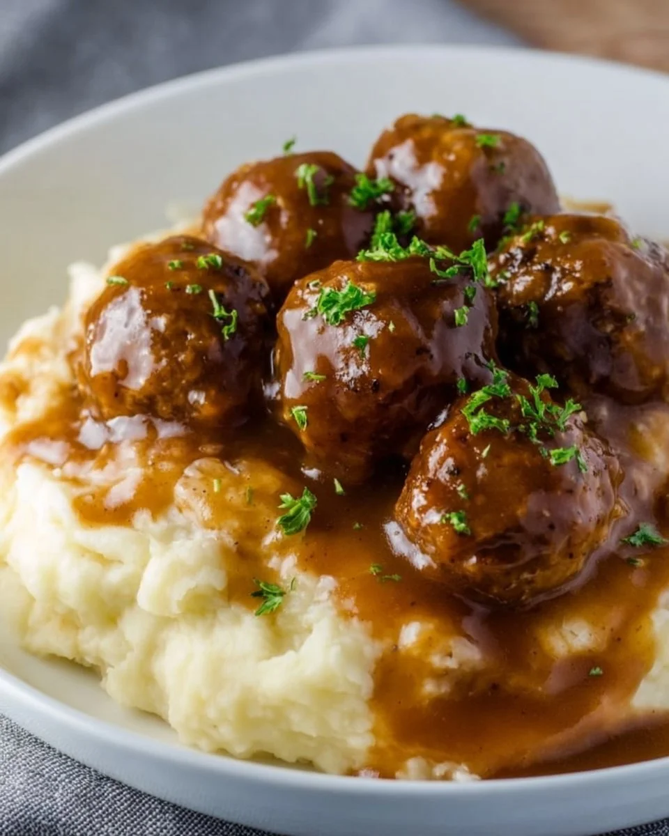 Delicious slow cooker Salisbury steak meatballs served on a plate