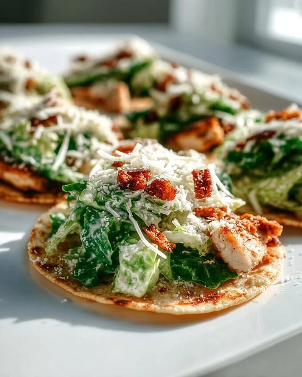 Smash Chicken Caesar Tacos with creamy dressing and fresh ingredients