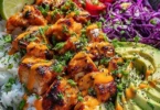Spicy Maple Chicken served with coconut rice, garnished with herbs