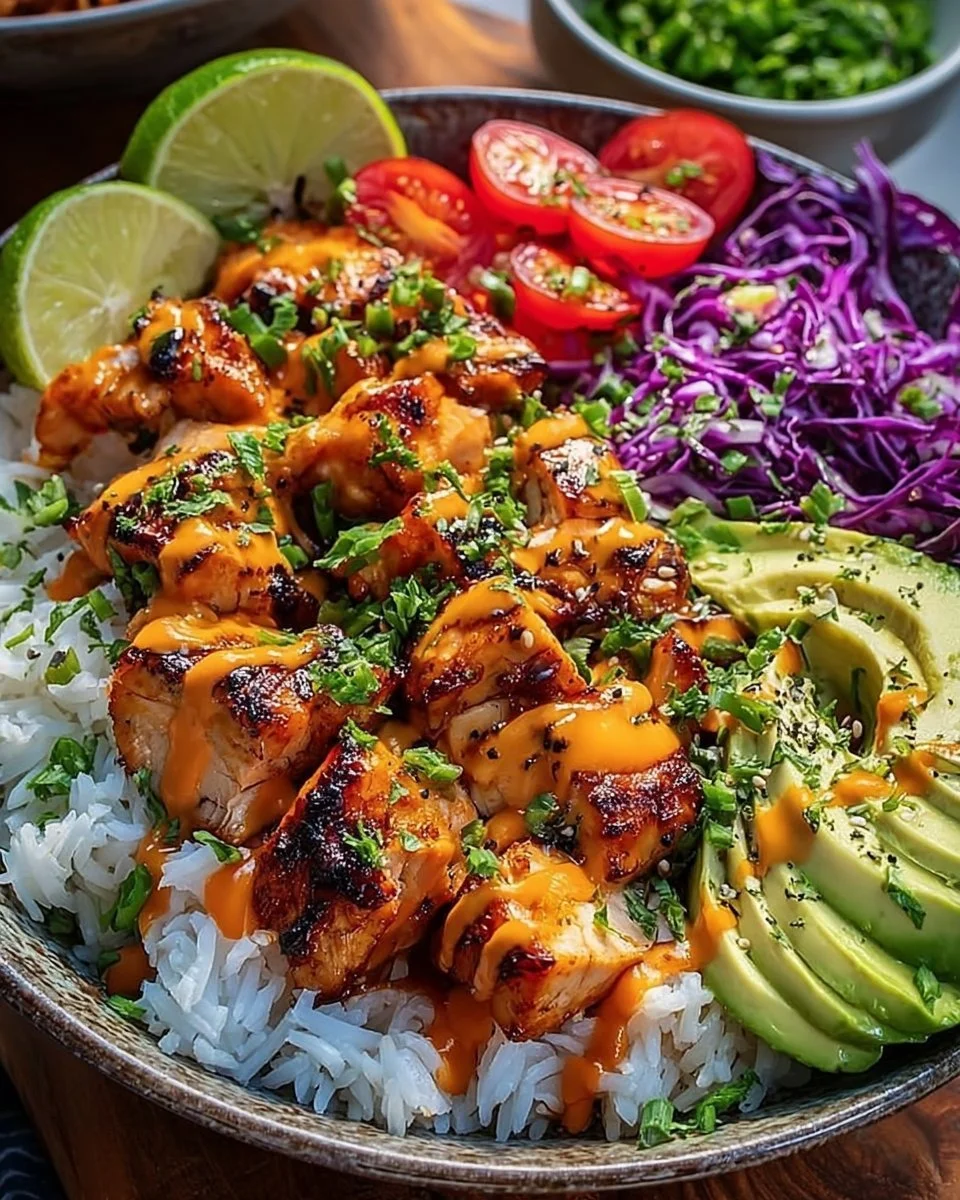 Spicy Maple Chicken served with coconut rice, garnished with herbs