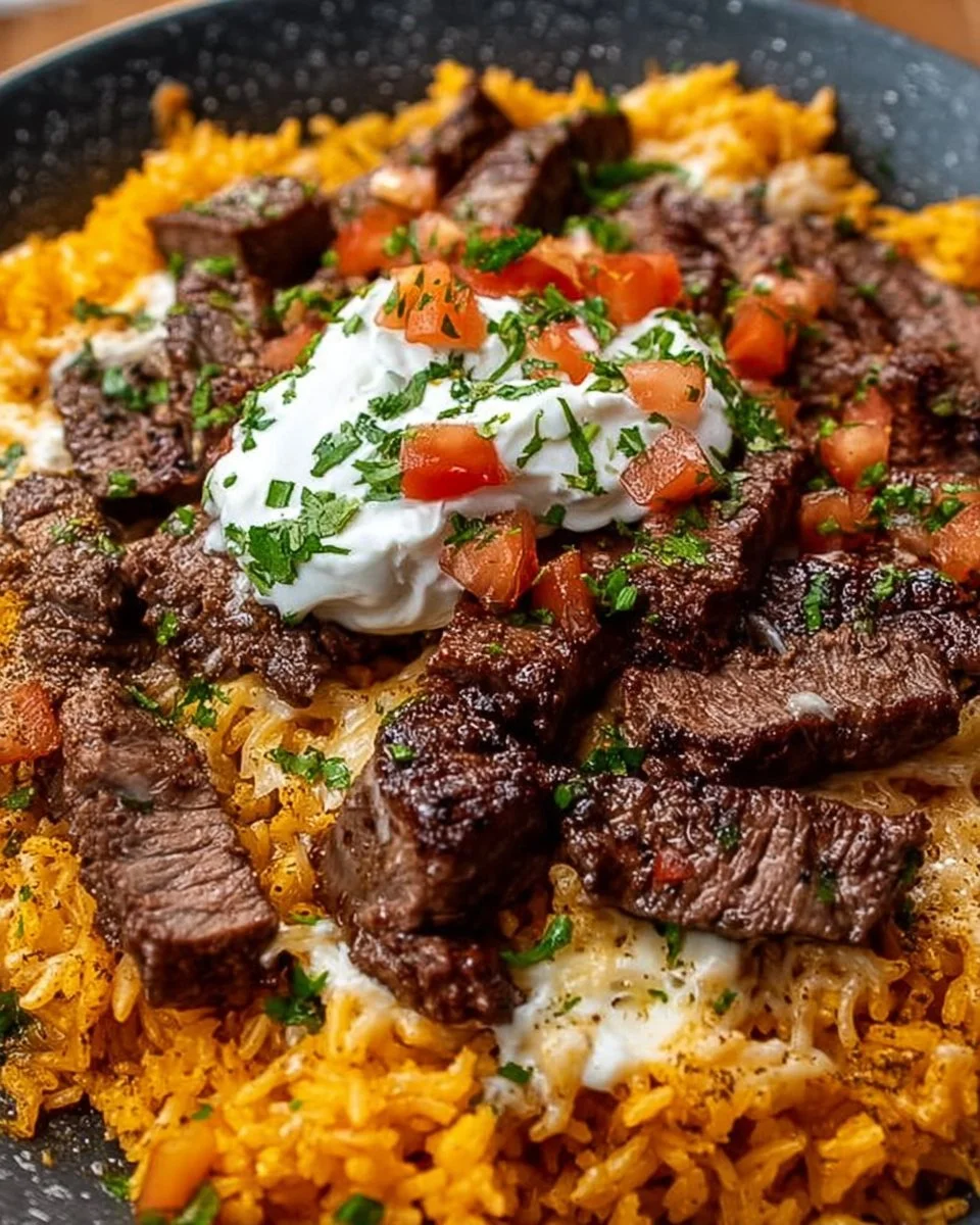 Delicious Steak Cheese Rice dish served in a bowl with melted cheese and steak.