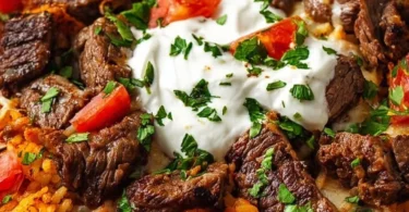 Delicious Steak Queso Rice dish with steak, queso, and rice.
