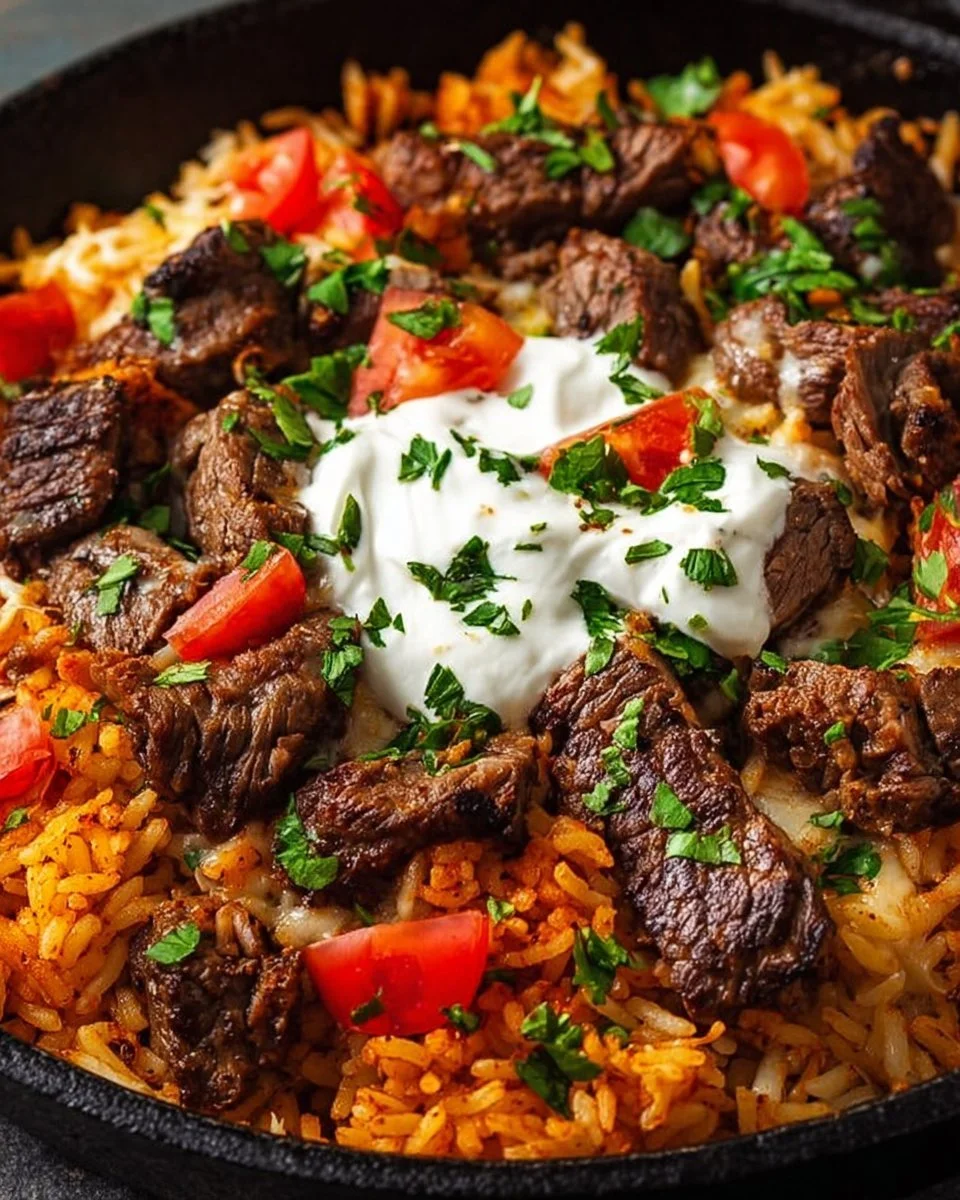 Delicious Steak Queso Rice dish with steak, queso, and rice.