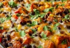 Sweet Potato and Black Bean Casserole topped with crunchy pecans