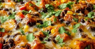Sweet Potato and Black Bean Casserole topped with crunchy pecans