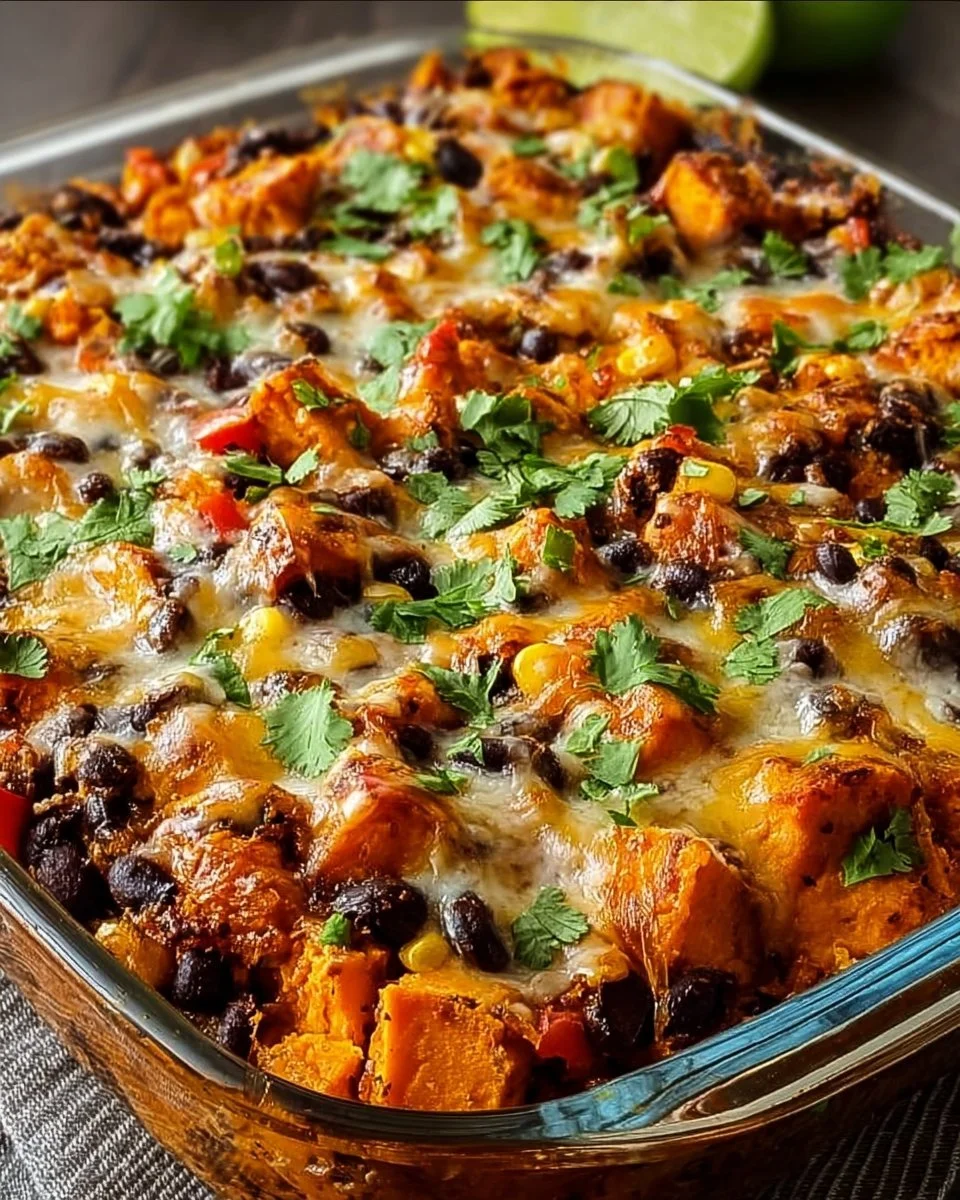 Sweet Potato and Black Bean Casserole topped with crunchy pecans