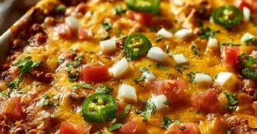 Delicious taco bake casserole topped with cheese and fresh ingredients