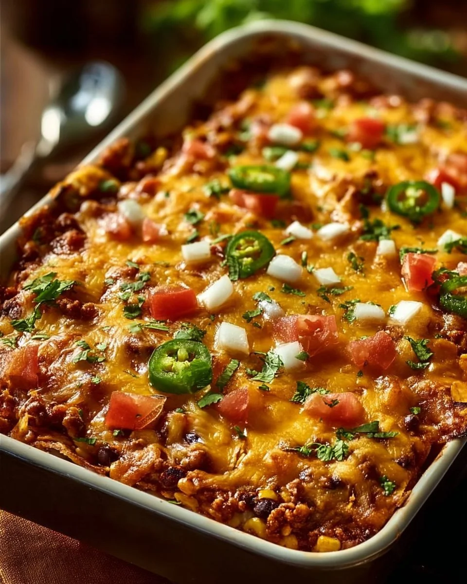 Delicious taco bake casserole topped with cheese and fresh ingredients