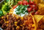 Delicious Taco Rice Bowl topped with Doritos