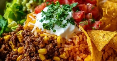 Delicious Taco Rice Bowl topped with Doritos