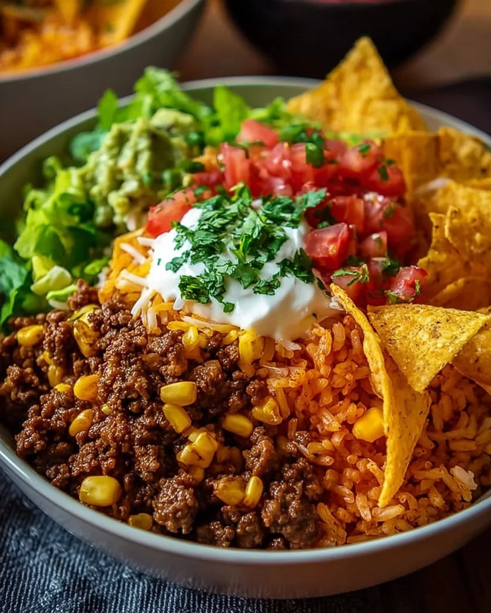 Delicious Taco Rice Bowl topped with Doritos