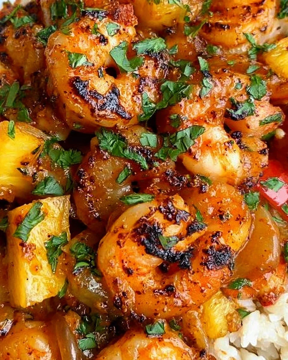 A colorful Tropical Shrimp Rice Bowl with fresh ingredients and vibrant flavors.
