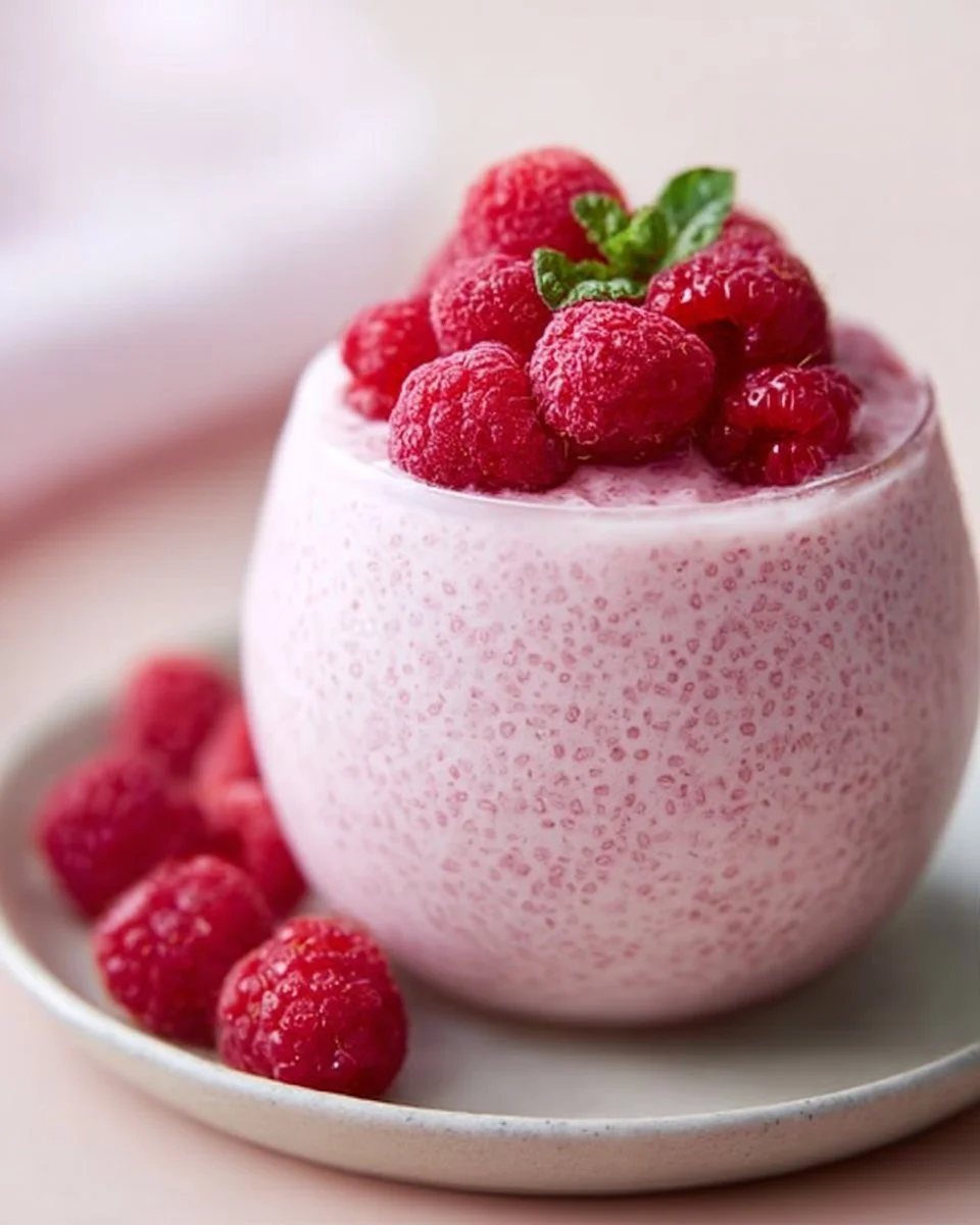 Vanilla Raspberry Chia Pudding in a glass bowl with fresh raspberries