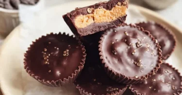 Vegan Quinoa Crunch Peanut Butter Cups on a rustic wooden table