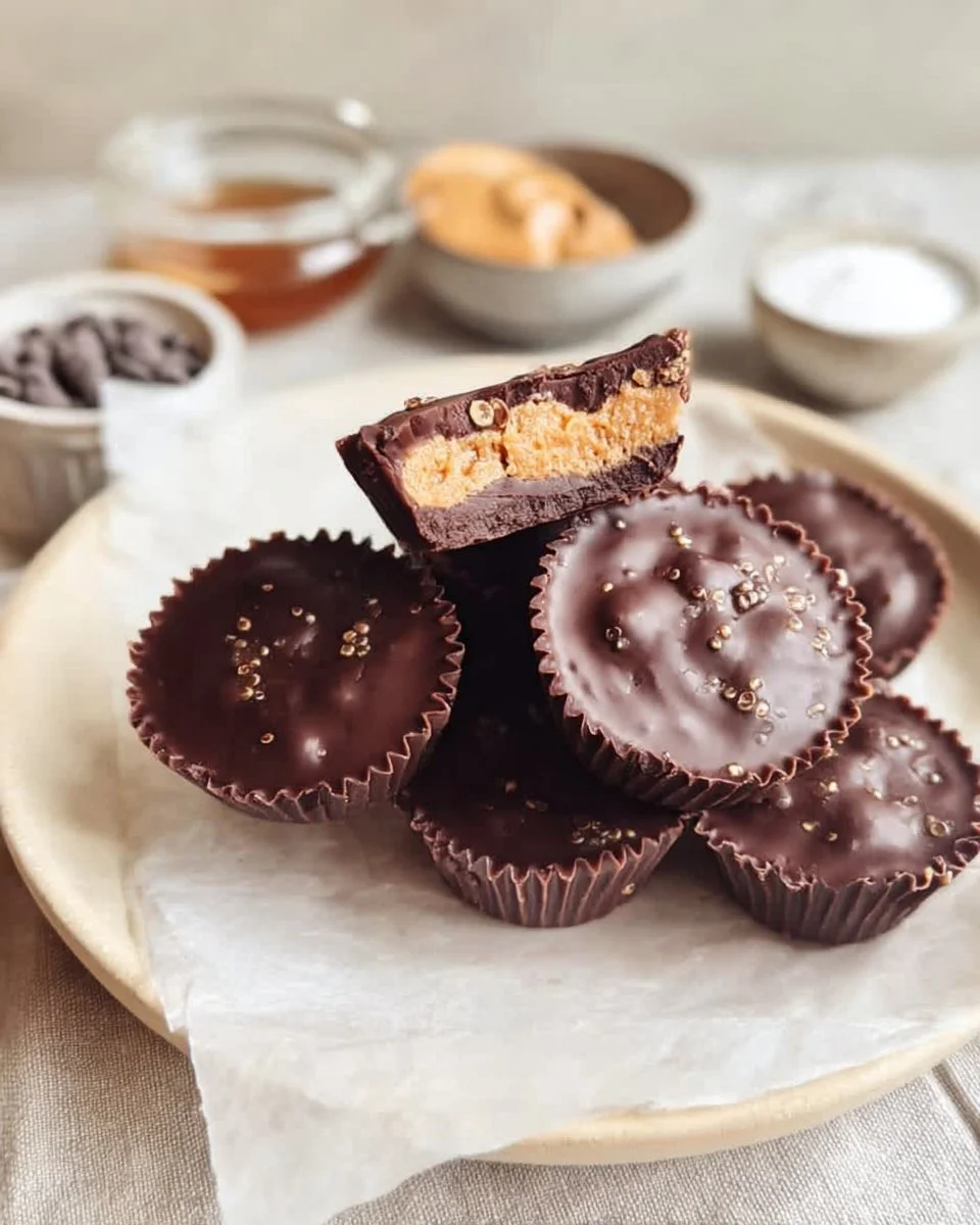 Vegan Quinoa Crunch Peanut Butter Cups on a rustic wooden table