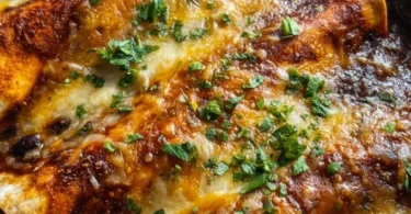 Vegetarian black bean enchiladas topped with cheese and fresh cilantro