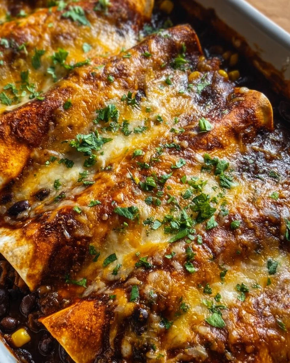 Vegetarian black bean enchiladas topped with cheese and fresh cilantro